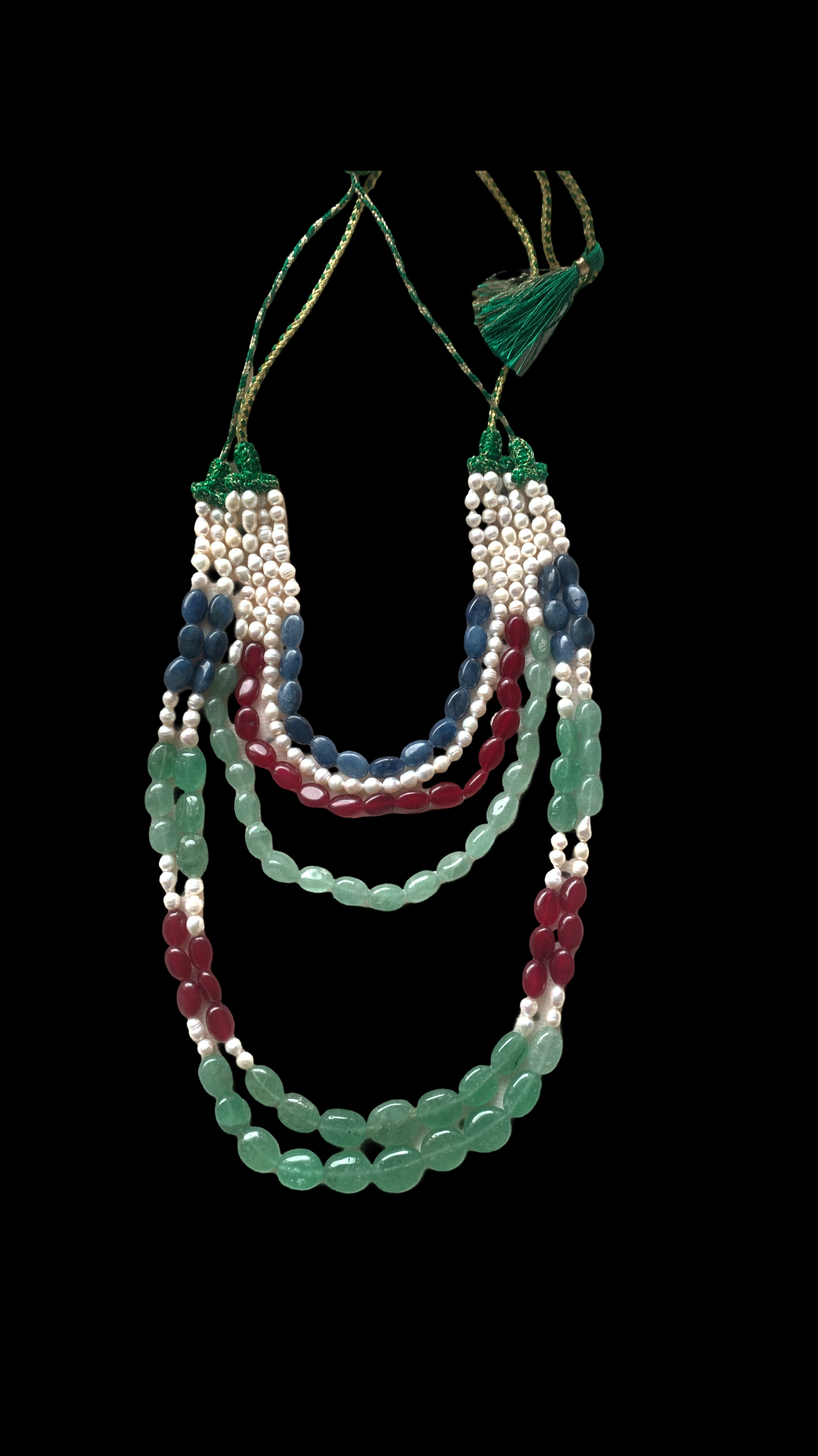 Emerald ruby sapphire pearl necklace
• Multi-strand gemstone necklace
• Bridal jewelry heirloom piece
• Handmade silk cord necklace
• Luxury statement necklace
• Fine gemstone bridal necklace
• One-of-a-kind luxury jewelry
• Handcrafted gemstone necklace
• Wedding statement necklace
• Multi-layer pearl and gemstone necklace