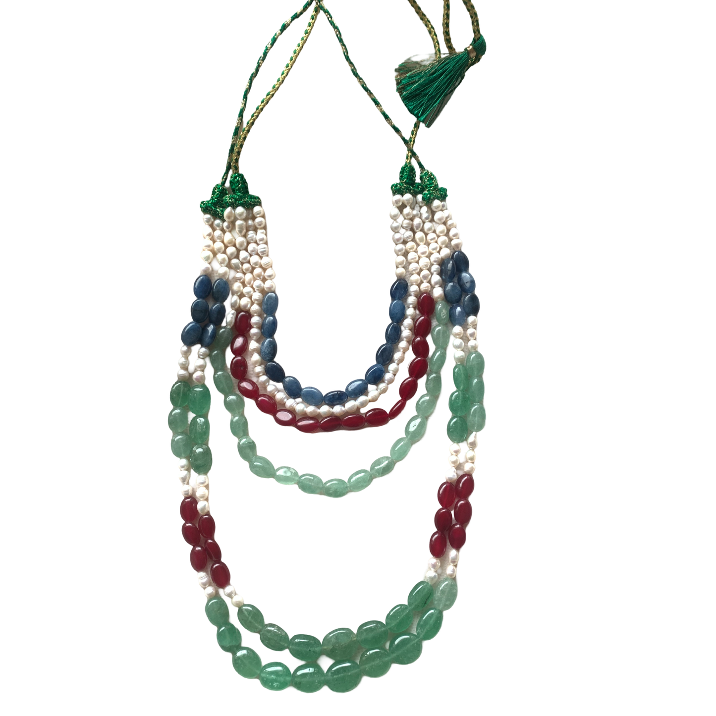 Emerald ruby sapphire pearl necklace
• Multi-strand gemstone necklace
• Bridal jewelry heirloom piece
• Handmade silk cord necklace
• Luxury statement necklace
• Fine gemstone bridal necklace
• One-of-a-kind luxury jewelry
• Handcrafted gemstone necklace
• Wedding statement necklace
• Multi-layer pearl and gemstone necklace