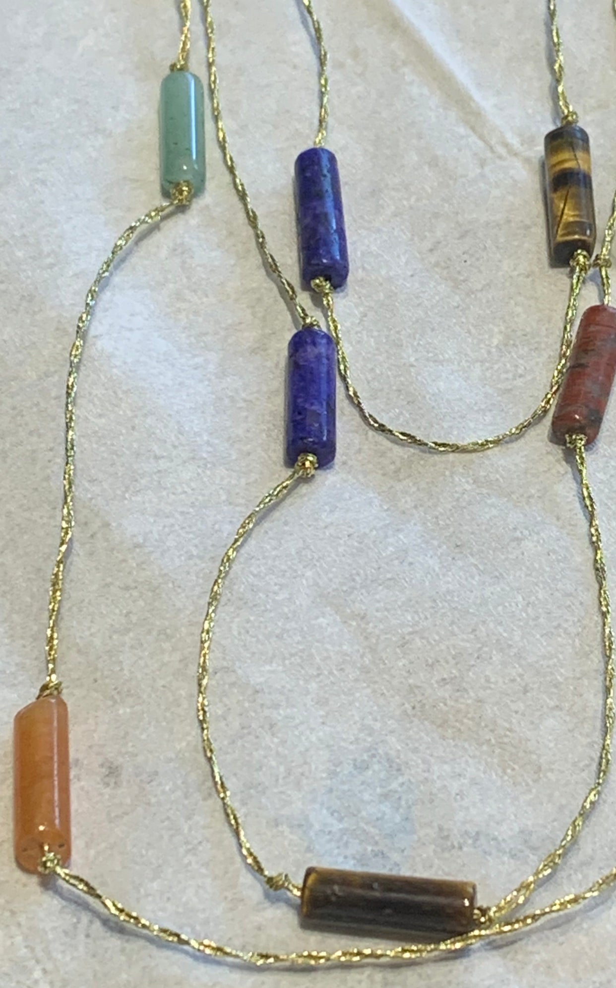 New multi Amulets Natural semiprecious gemstones studded sautoir Gold thread