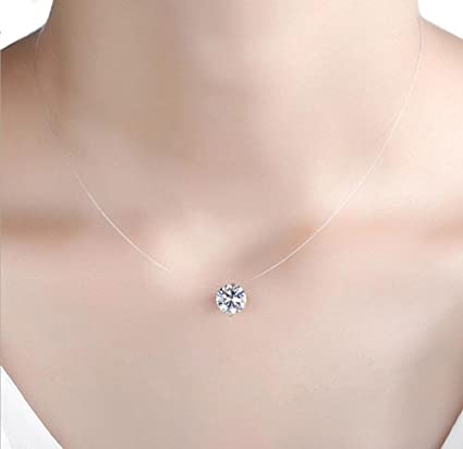 925 Sterling Silver invisible line necklace with a round crystal