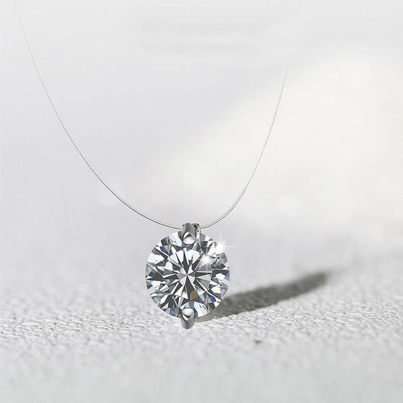 925 Sterling Silver invisible line necklace with a round crystal