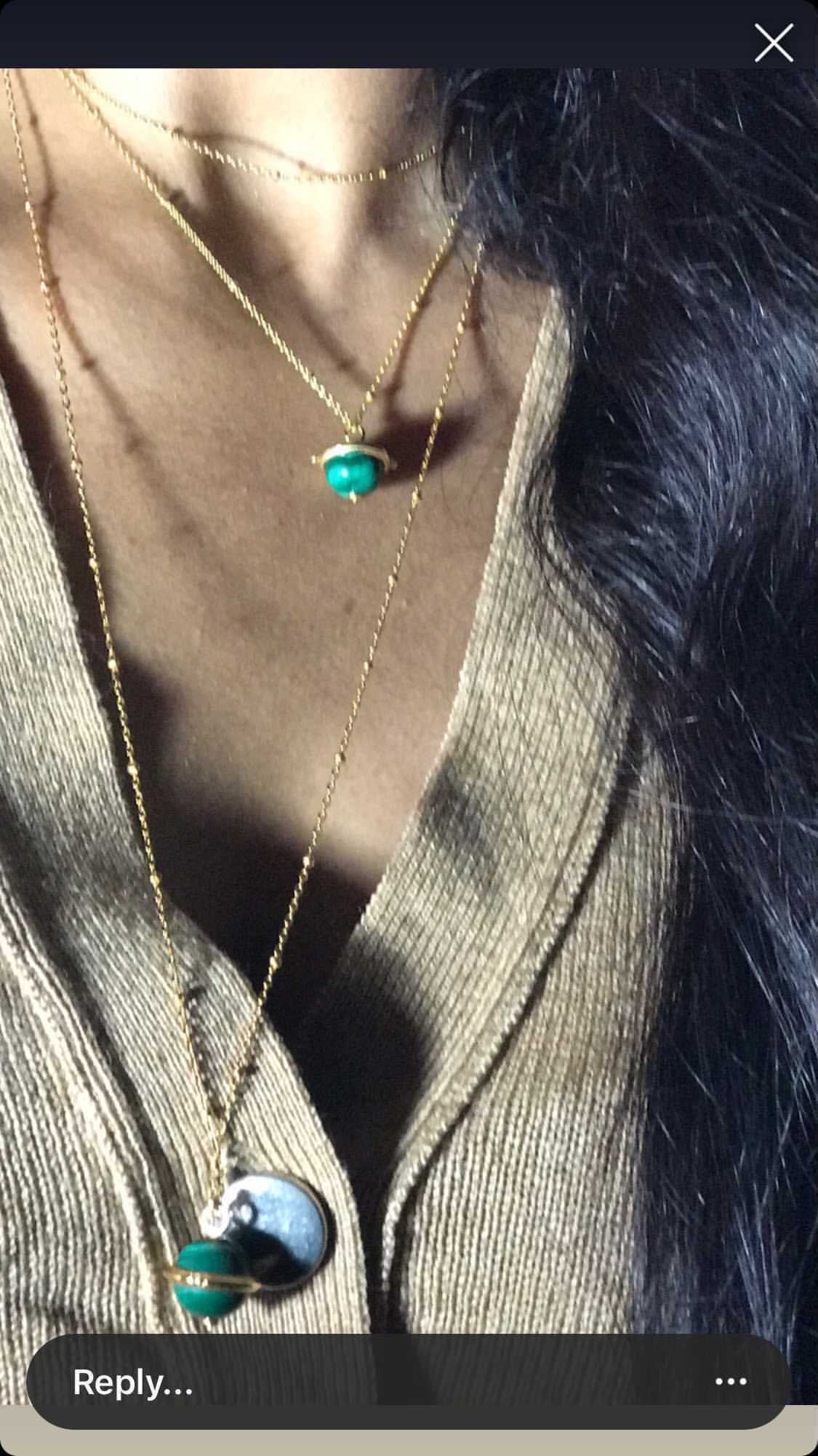 Sterling Silver 925 Cabochon Green malachite Saturn Globe Necklace