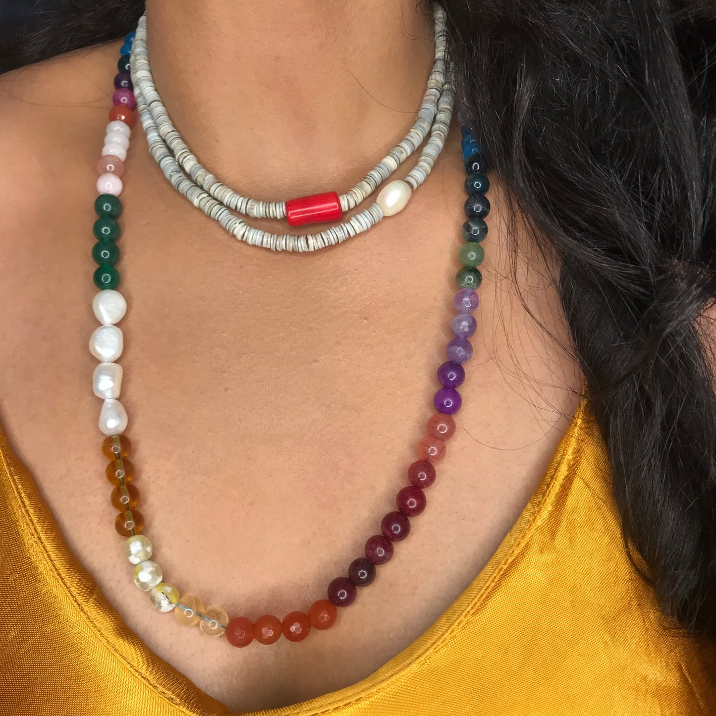 Multigems Beaded Necklace wih gems and pearls -All Natural beads