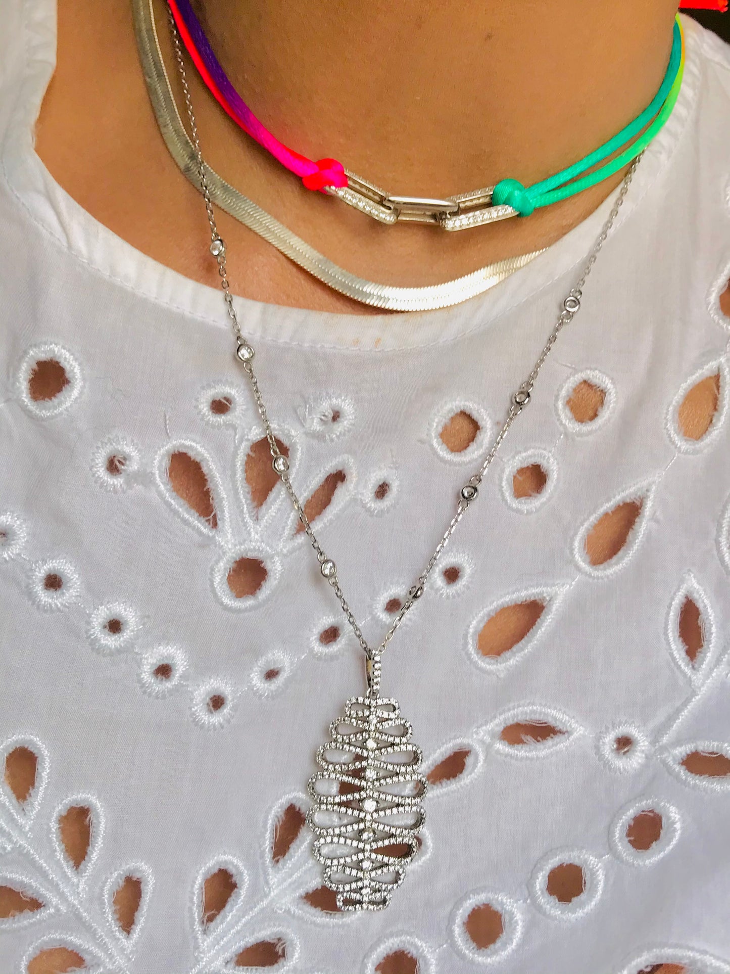 925 Sterling Silver Neon Color Silk Thread Cord choker necklace