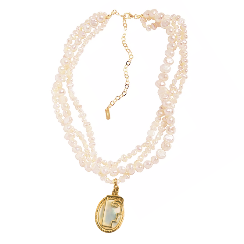 925 Sterling Silver Three Strands Pearls Necklace with Oneline Face Art Charm