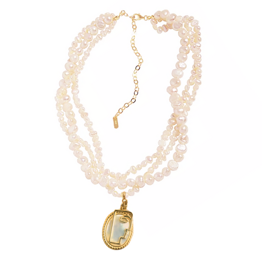 925 Sterling Silver Three Strands Pearls Necklace with Oneline Face Art Charm