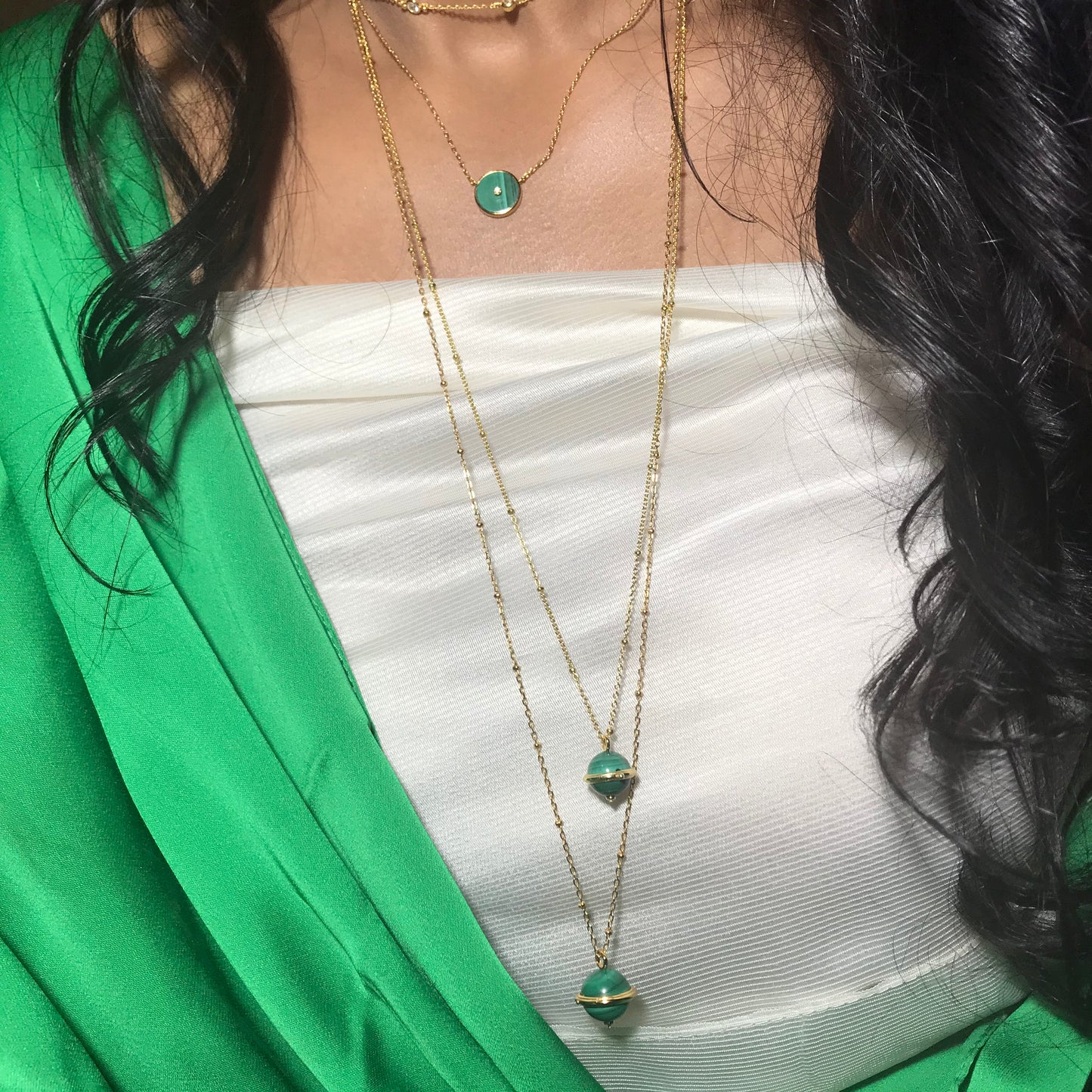 Sterling Silver 925 Cabochon Green malachite Saturn Globe Necklace