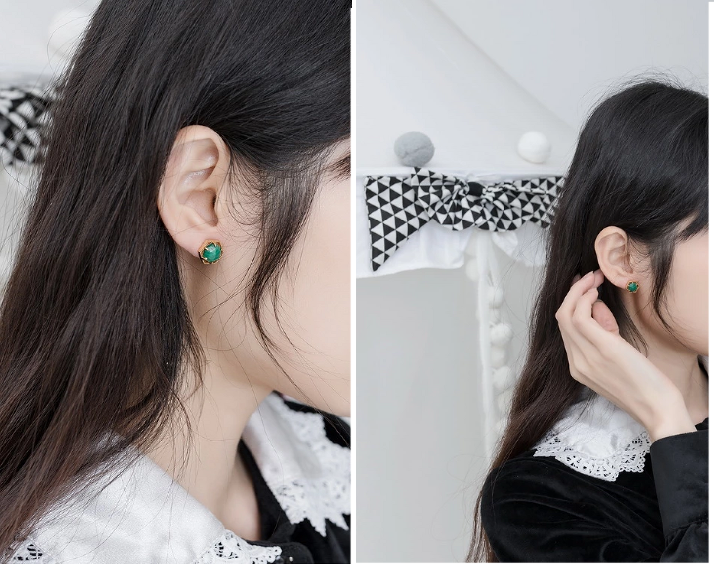925 Sterling Silver Geometric Hexagonal Malachite Stud Earrings