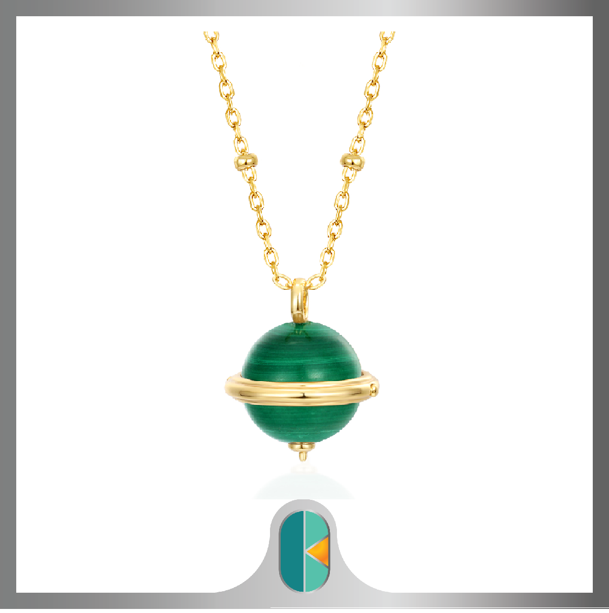 Sterling Silver 925 Cabochon Green malachite Saturn Globe Necklace