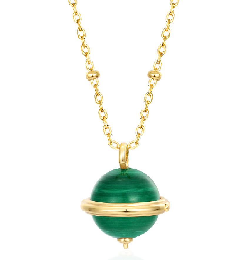 Sterling Silver 925 Cabochon Green malachite Saturn Globe Necklace