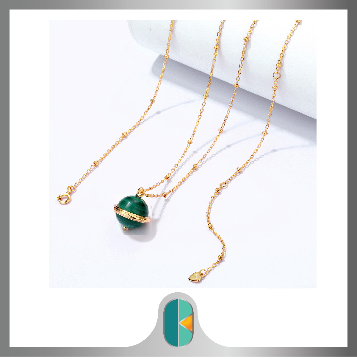 Sterling Silver 925 Cabochon Green malachite Saturn Globe Necklace