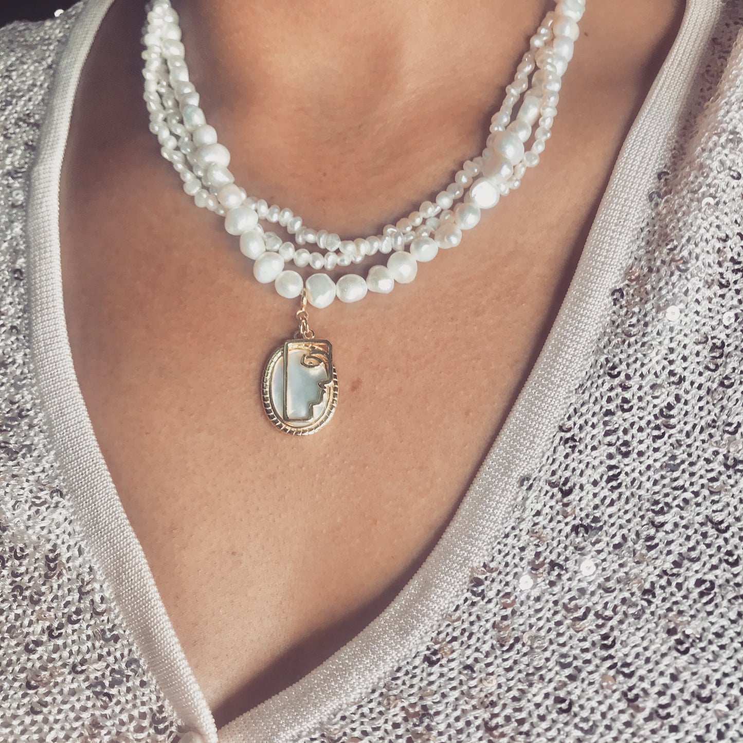 925 Sterling Silver Three Strands Pearls Necklace with Oneline Face Art Charm
