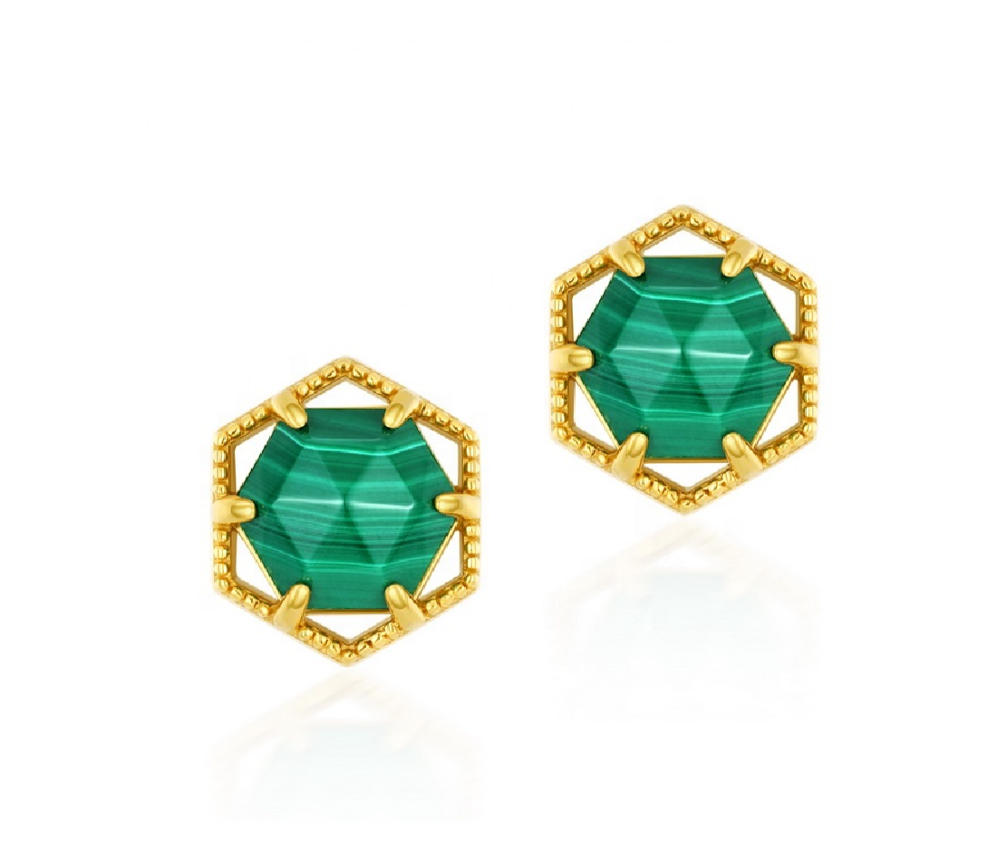 925 Sterling Silver Geometric Hexagonal Malachite Stud Earrings
