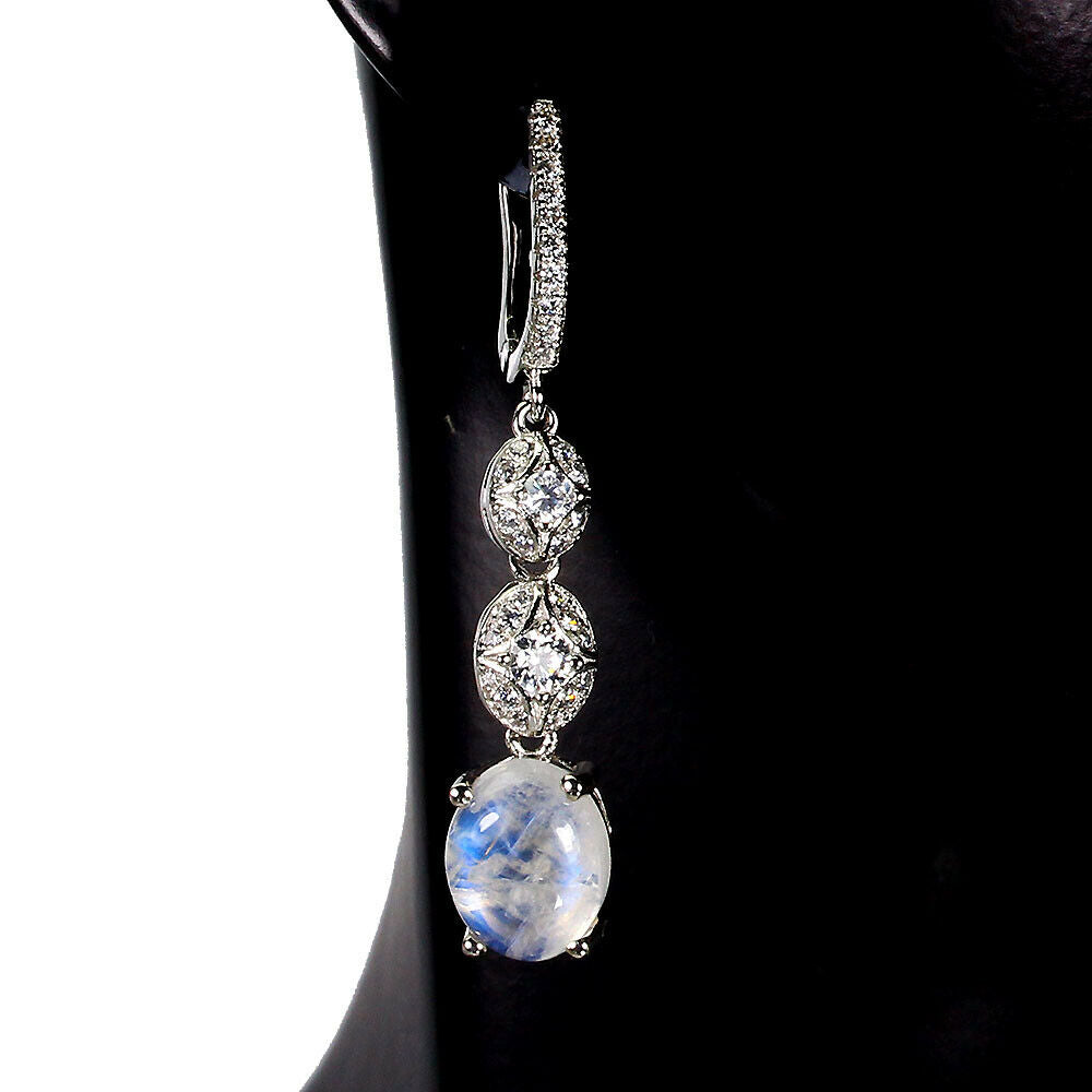 925 Sterling Silver Oval Moonstone 10x8mm Cz White Gold Plate Earrings