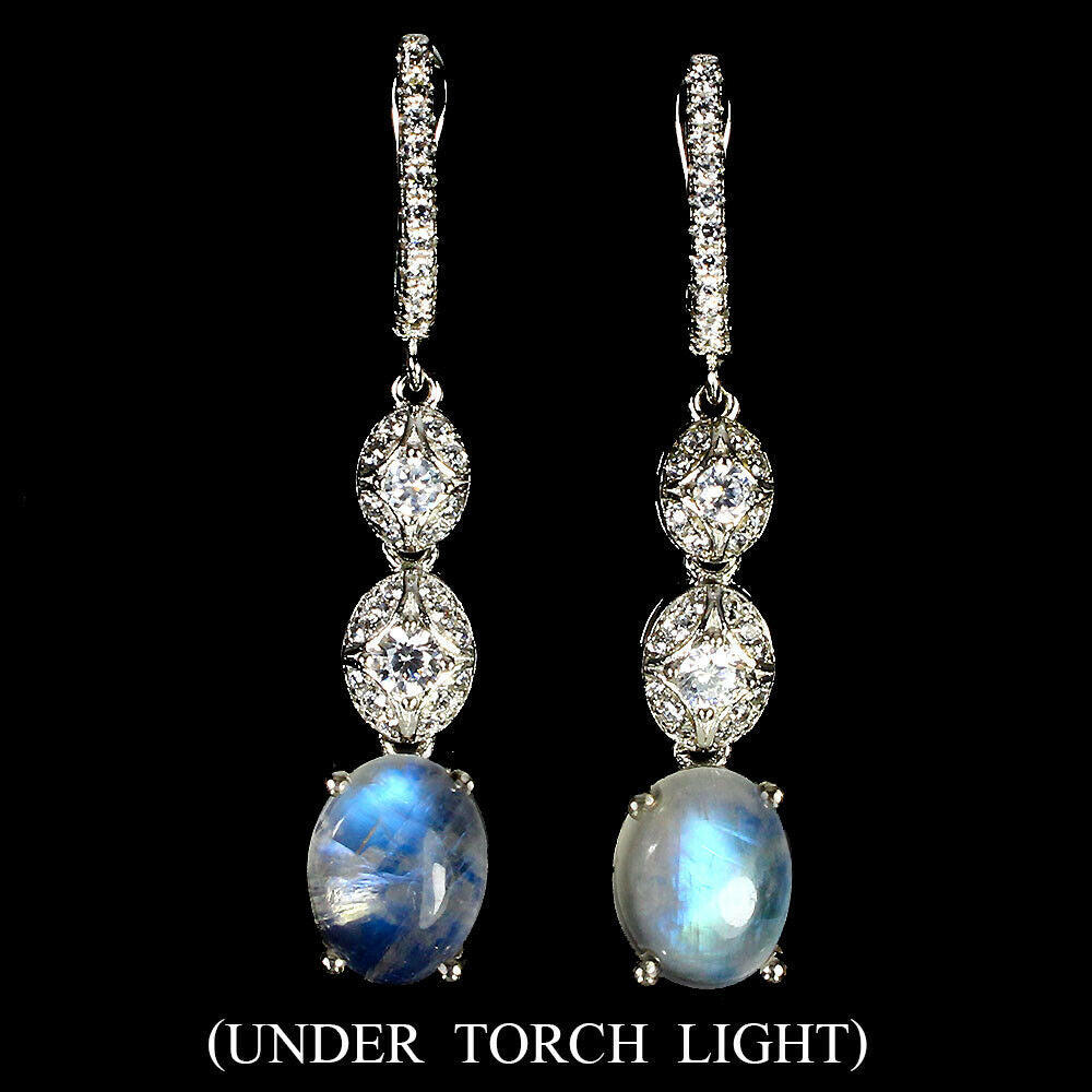 925 Sterling Silver Oval Moonstone 10x8mm Cz White Gold Plate Earrings