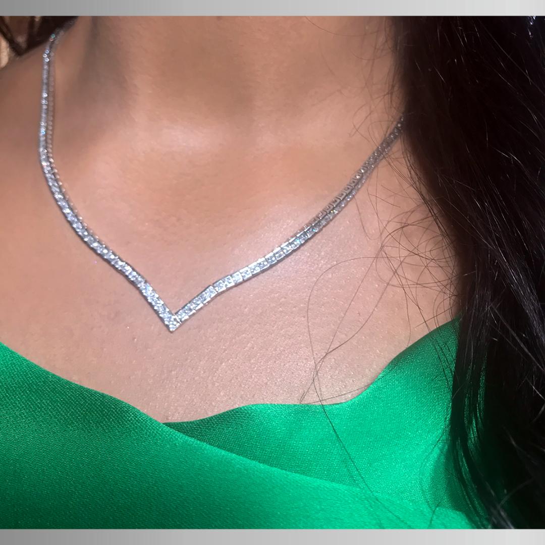 925 Sterling Silver V-shaped Princess Cut Zirconia Tennis Necklace