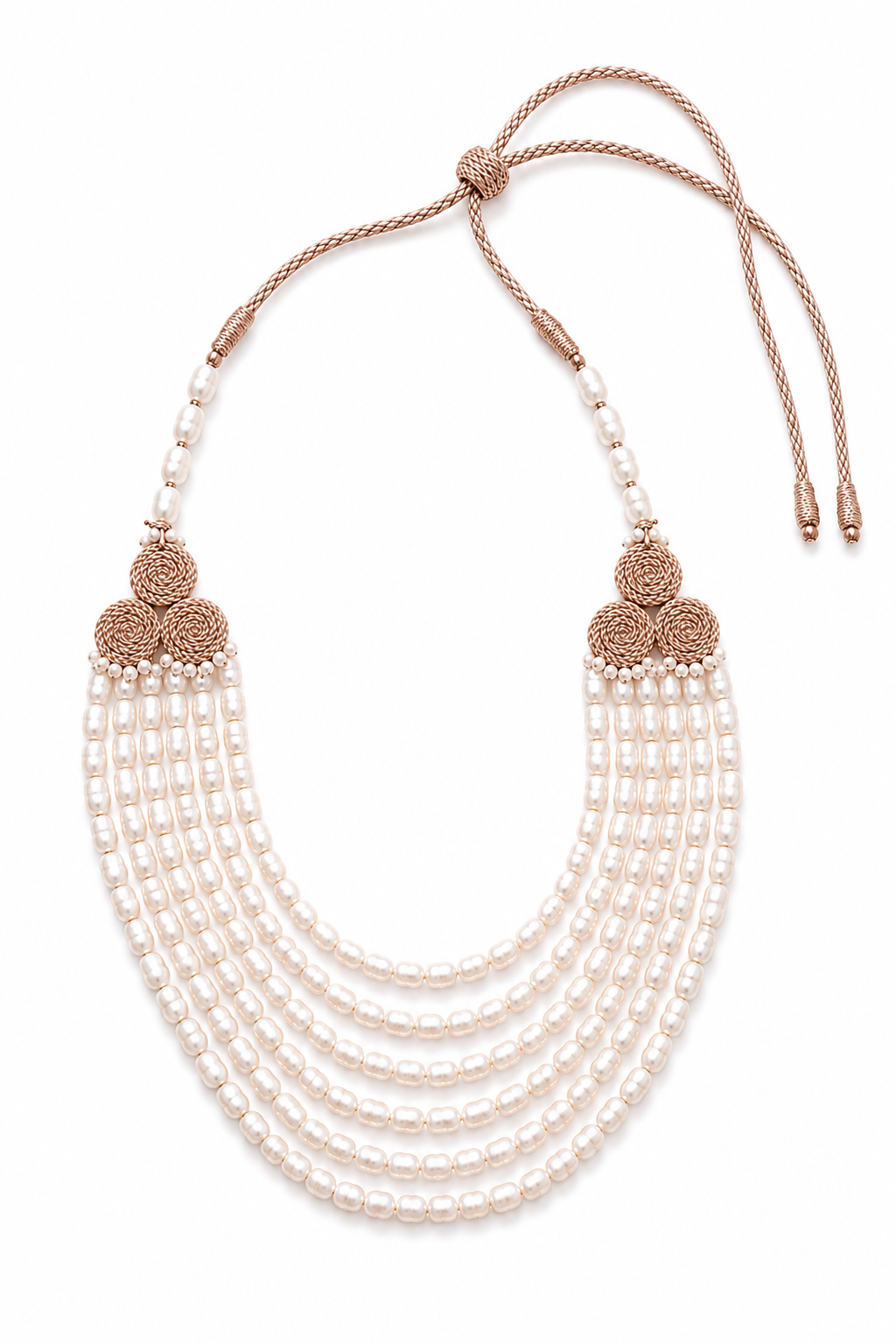 “Atlas Pearl Collar handcrafted in Morocco with layered freshwater pearls and woven metallic cord champagne connectors.”