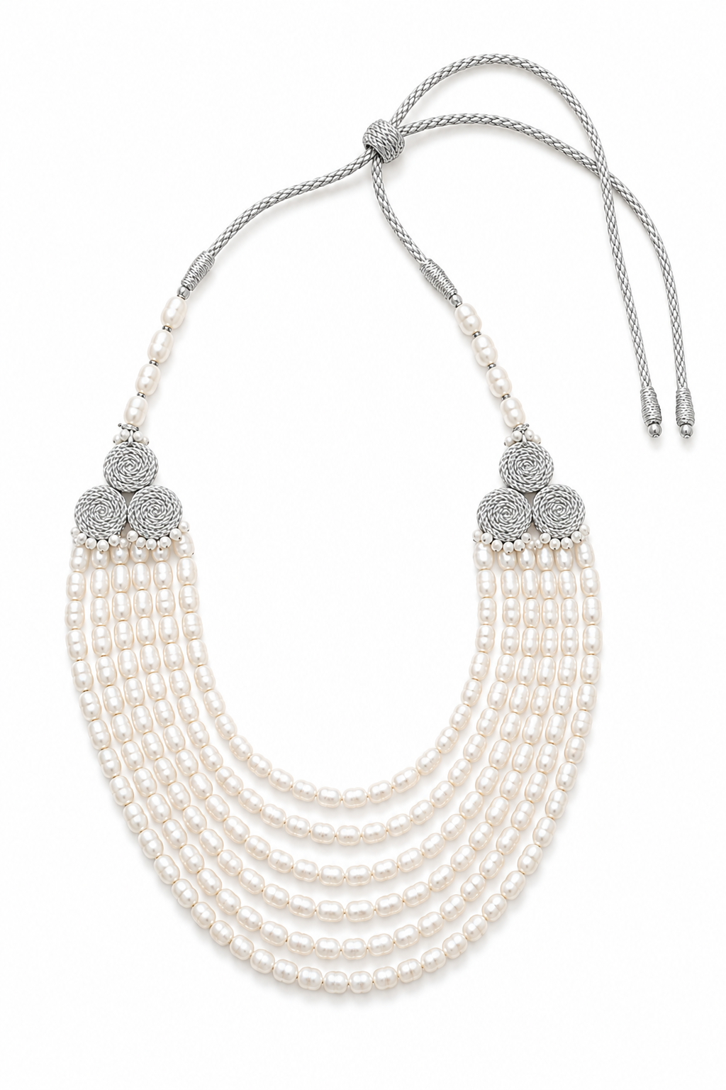 “Silver Atlas Pearl Collar featuring layered freshwater pearls and handwoven Moroccan-inspired cord rosettes by Opal Bazaar.”