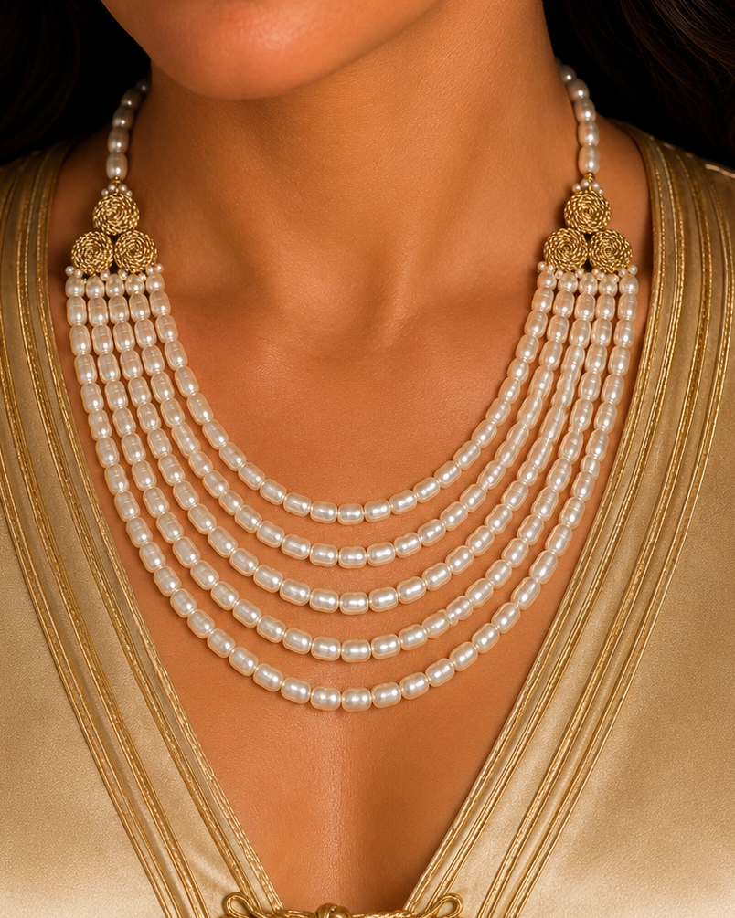 “Atlas Pearl Collar in gold finish — luxurious handcrafted pearl collar inspired by Moroccan heritage and contemporary ceremonial jewelry.”