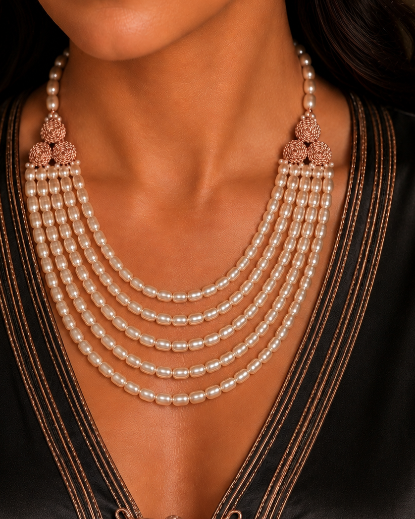 “Woman wearing Atlas Pearl Collar, a handcrafted Moroccan layered freshwater pearl statement necklace with woven textile-inspired rosette details.”