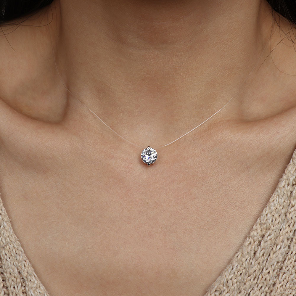 925 Sterling Silver invisible line necklace with a round crystal