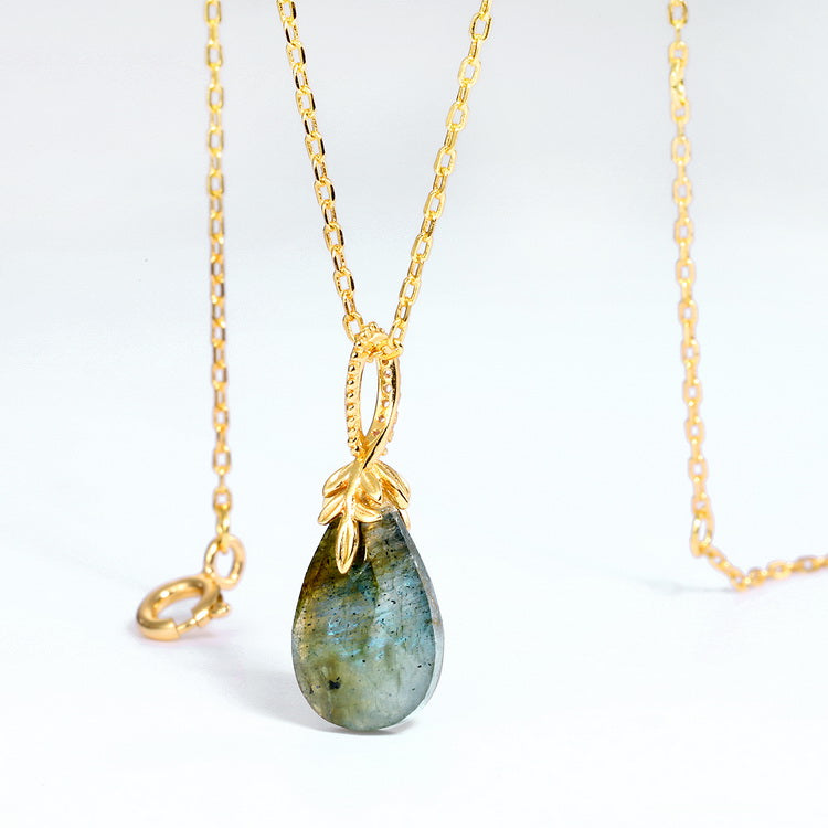 925 Sterling Silver Gold Plated Labradorite Tear Drop Pendant Necklace