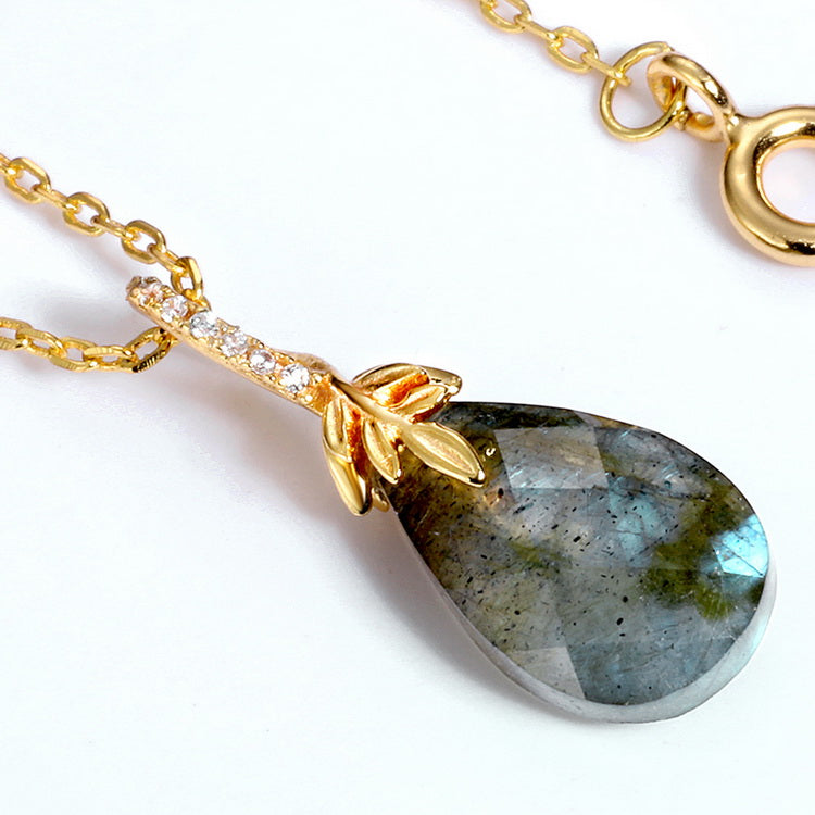 925 Sterling Silver Gold Plated Labradorite Tear Drop Pendant Necklace