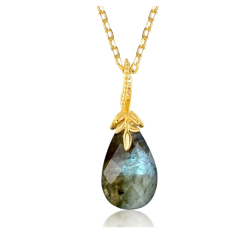 925 Sterling Silver Gold Plated Labradorite Tear Drop Pendant Necklace