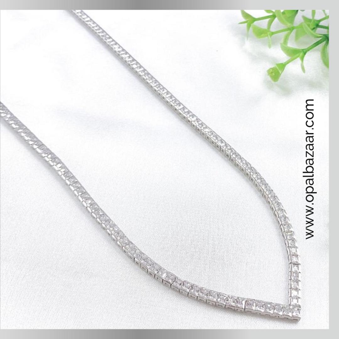 925 Sterling Silver V-shaped Princess Cut Zirconia Tennis Necklace