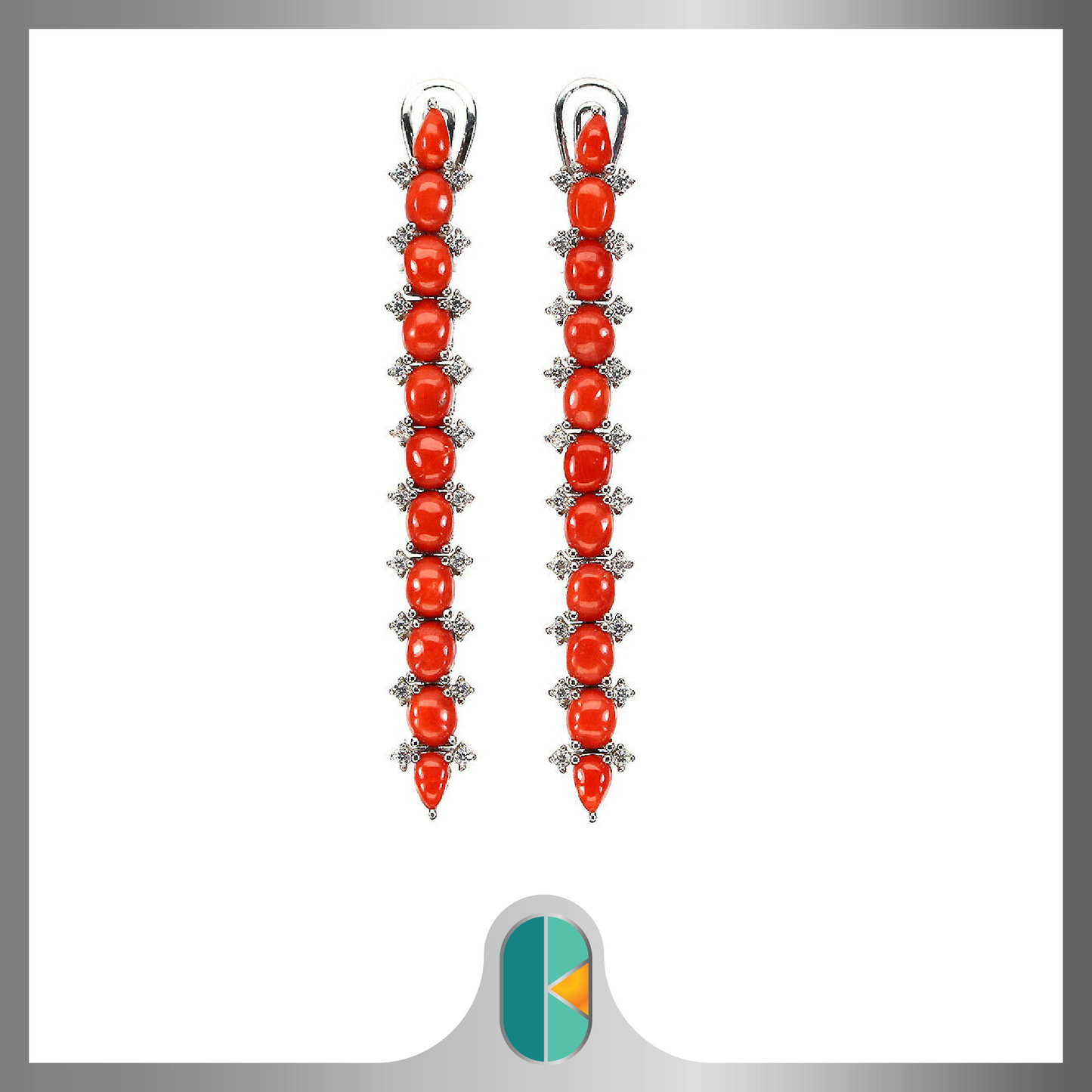 925 Sterling Silver Coral Pave Long Drop Earrings