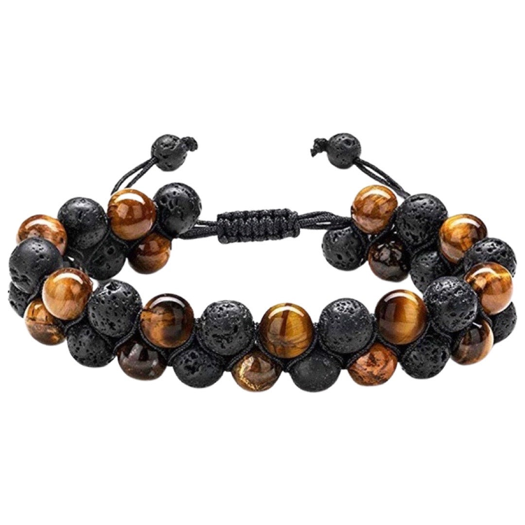 Men’s handmade two-row Spiritual bead macrame bracelets Tiger Eye Onyx Lava beads