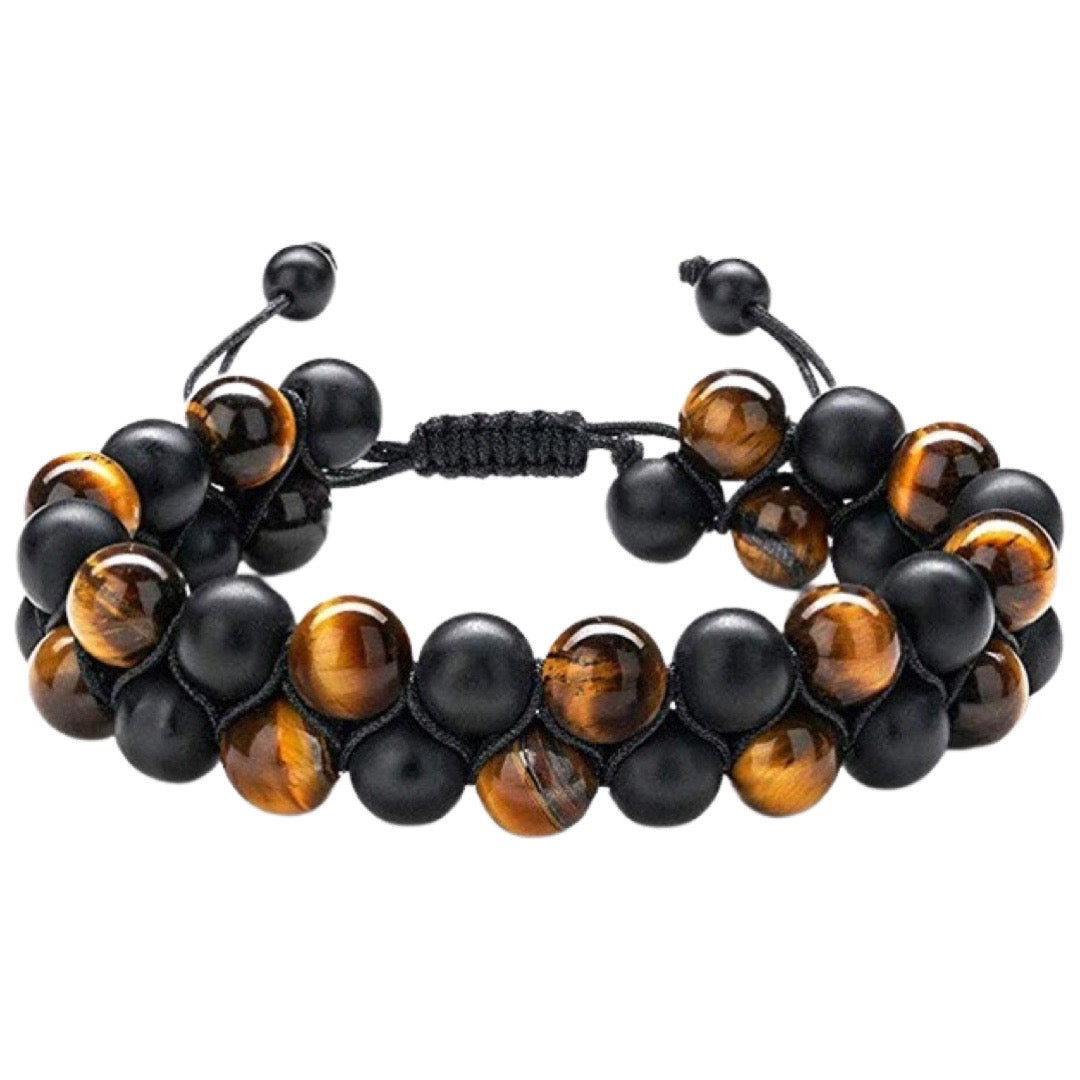 Men’s handmade two-row Spiritual bead macrame bracelets Tiger Eye Onyx Lava beads