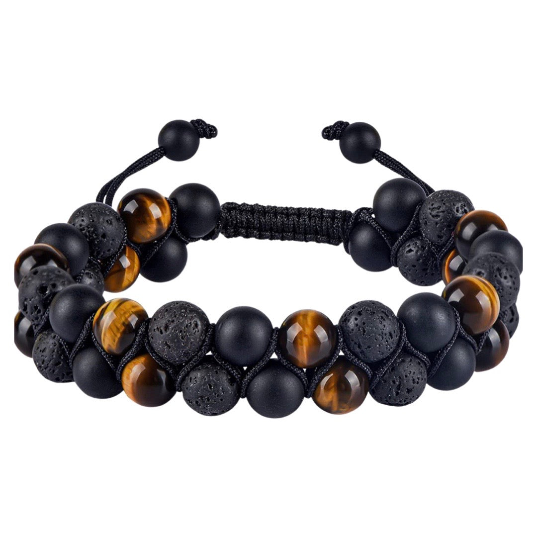 Men’s handmade two-row Spiritual bead macrame bracelets Tiger Eye Onyx Lava beads