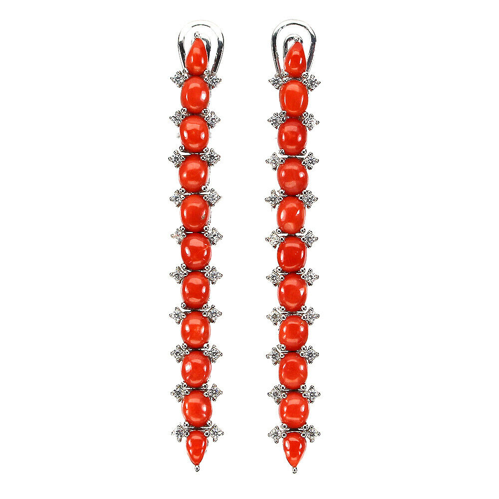 925 Sterling Silver Coral Pave Long Drop Earrings