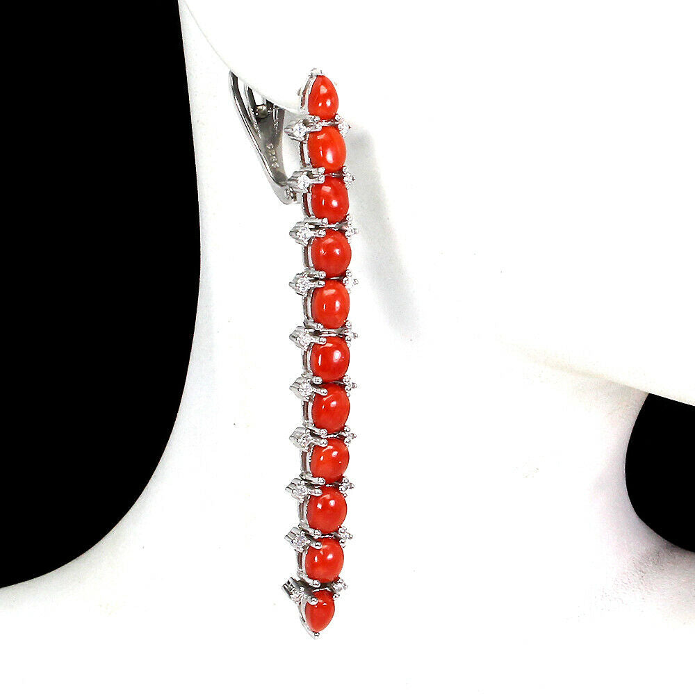 925 Sterling Silver Coral Pave Long Drop Earrings