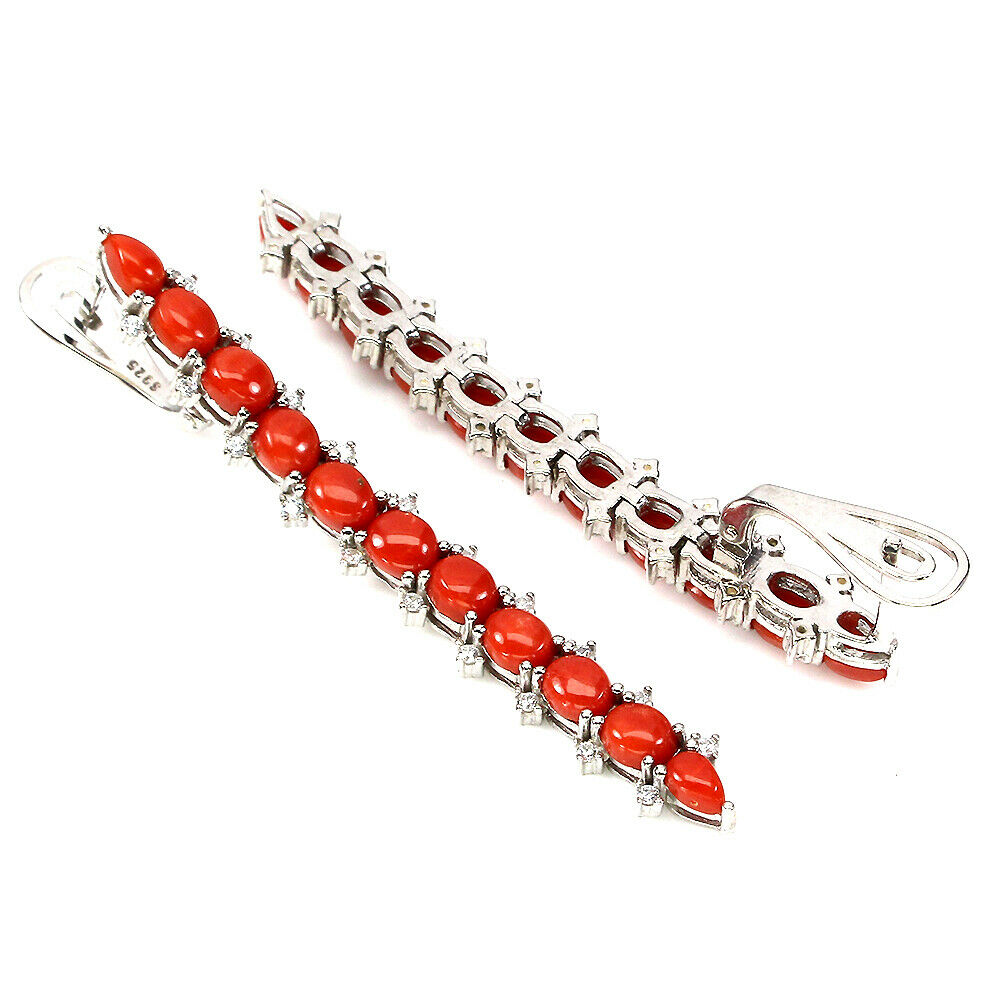 925 Sterling Silver Coral Pave Long Drop Earrings